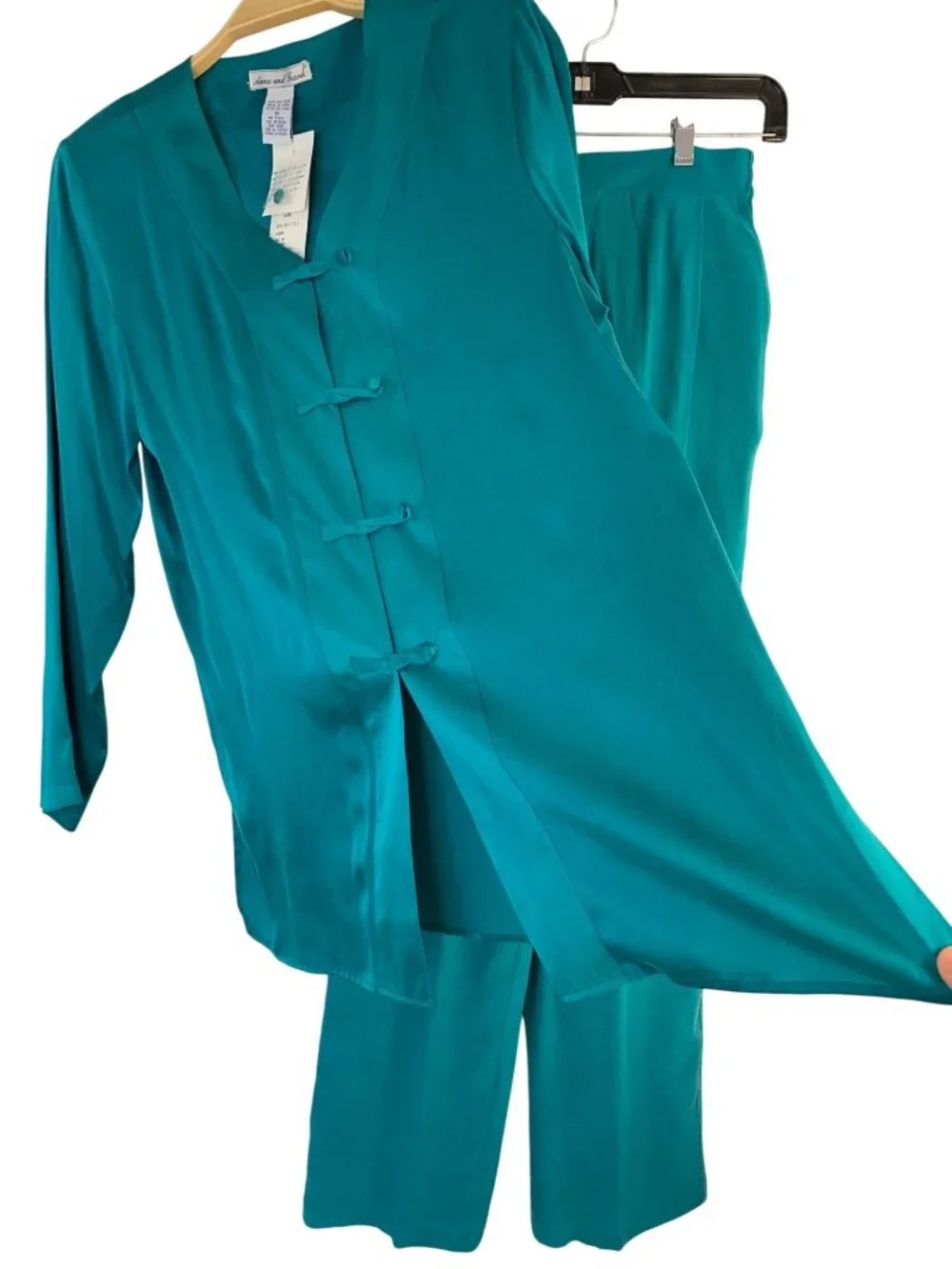 VTG NWT 90s Anna And Frank Teal 2-Piece 100% Silk Top & Pants Set Size S/M New